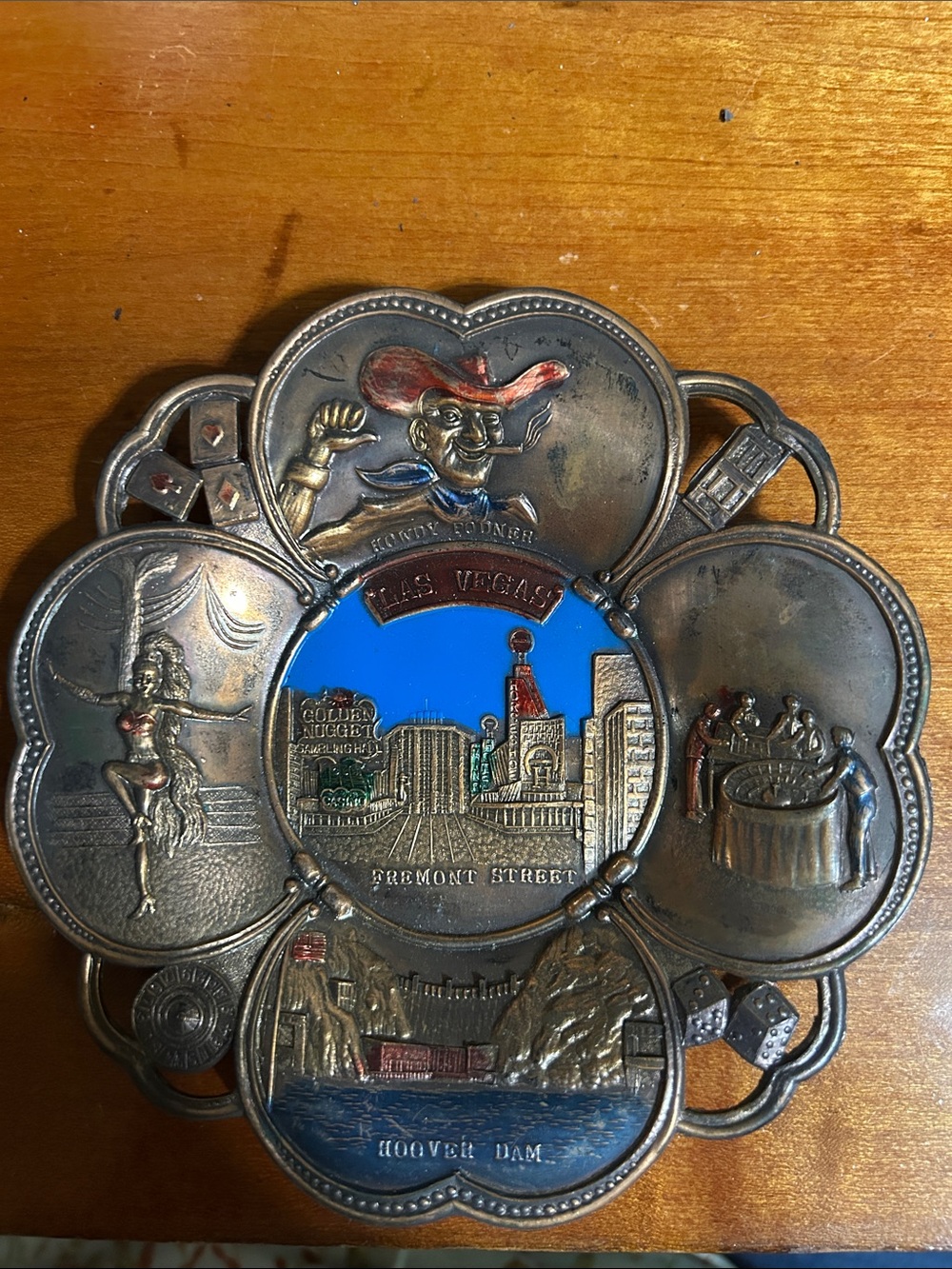 Vintage brass Los  Vegas Souvenir ashtray or trinket dish Wall Plaque - Blue